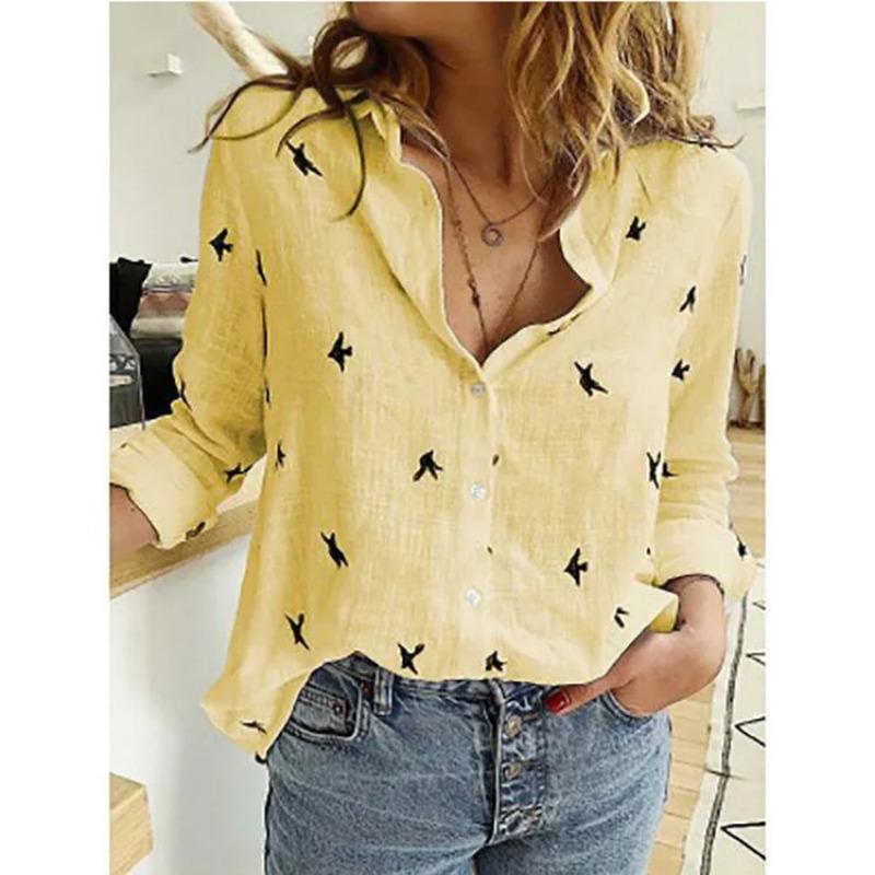 

Elegant Chic Solid Y2k Summer Shirts Women Casual Print Single Button Blouses Female Fashion Long Sleeve Loose Office Lady Tops 5XL жовтий/чорний