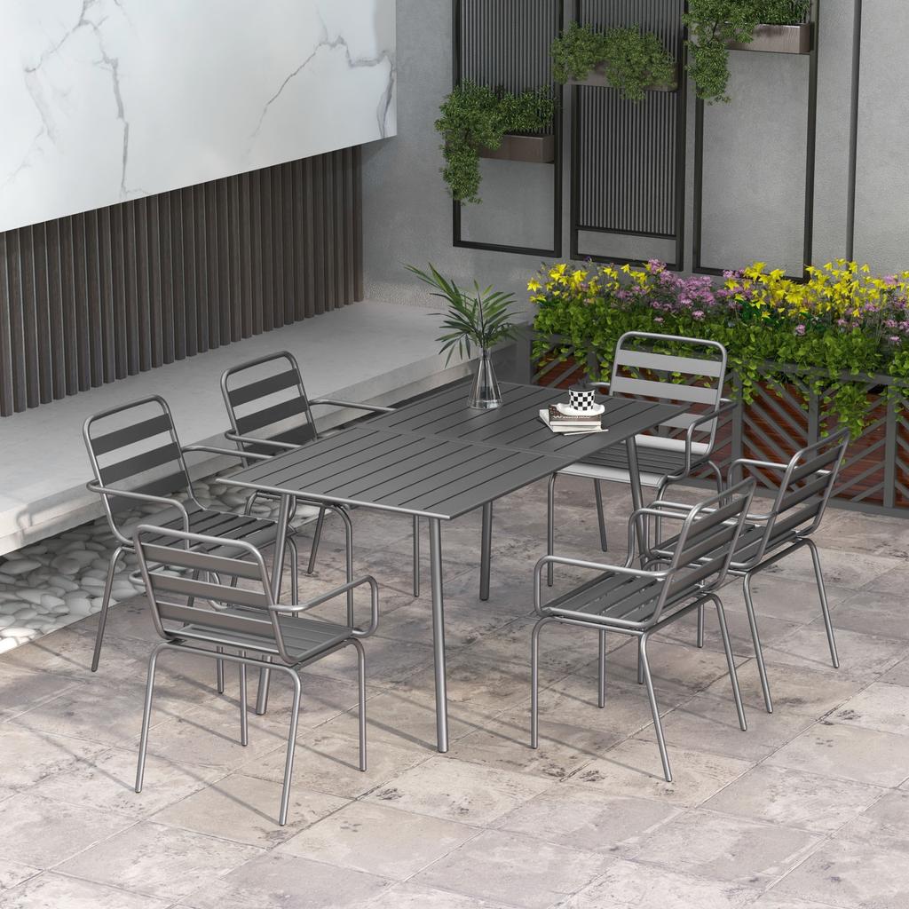 Garden Furniture Set 7-Piece Garden Dining Set with 1 Table and 6 Stackable Chairs in Steel Dark Gray