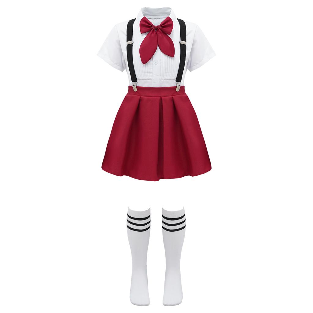 Girls Preppy Style Turndown Collar Bow Top Long or Short Sleeve Button Down with Elastic Waistband Overalls Skirt and Socks Outfit