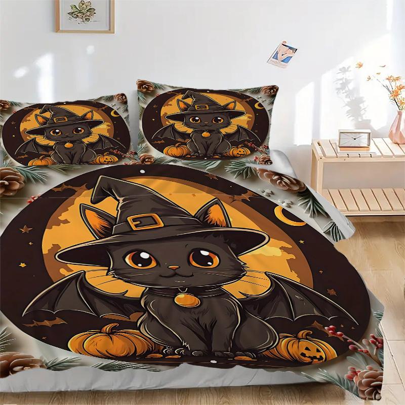 Zestaw pościeli z nadrukiem 3 szt. Straszny Czarny Kot w Kapeluszu Czarownicy ze Skrzydłami Nietoperza, Miękka i Wygodna Poszewka na Kołdrę do Sypialni, Pokoju Gościnnego (1 poszewka na kołdrę