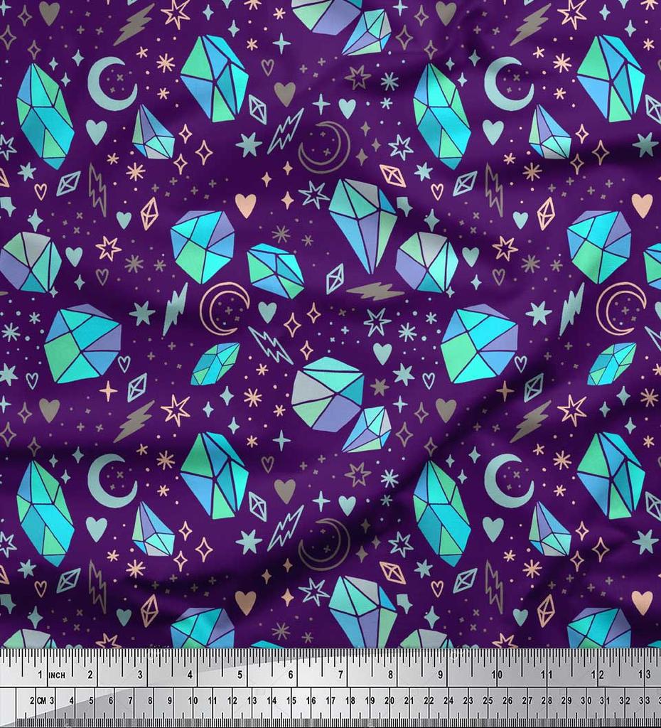 Soimoi Brown Japan Crepe Satin Fabric Heart & Crystal Stone Geometric Decor Fabric Printed metre 42 Inch