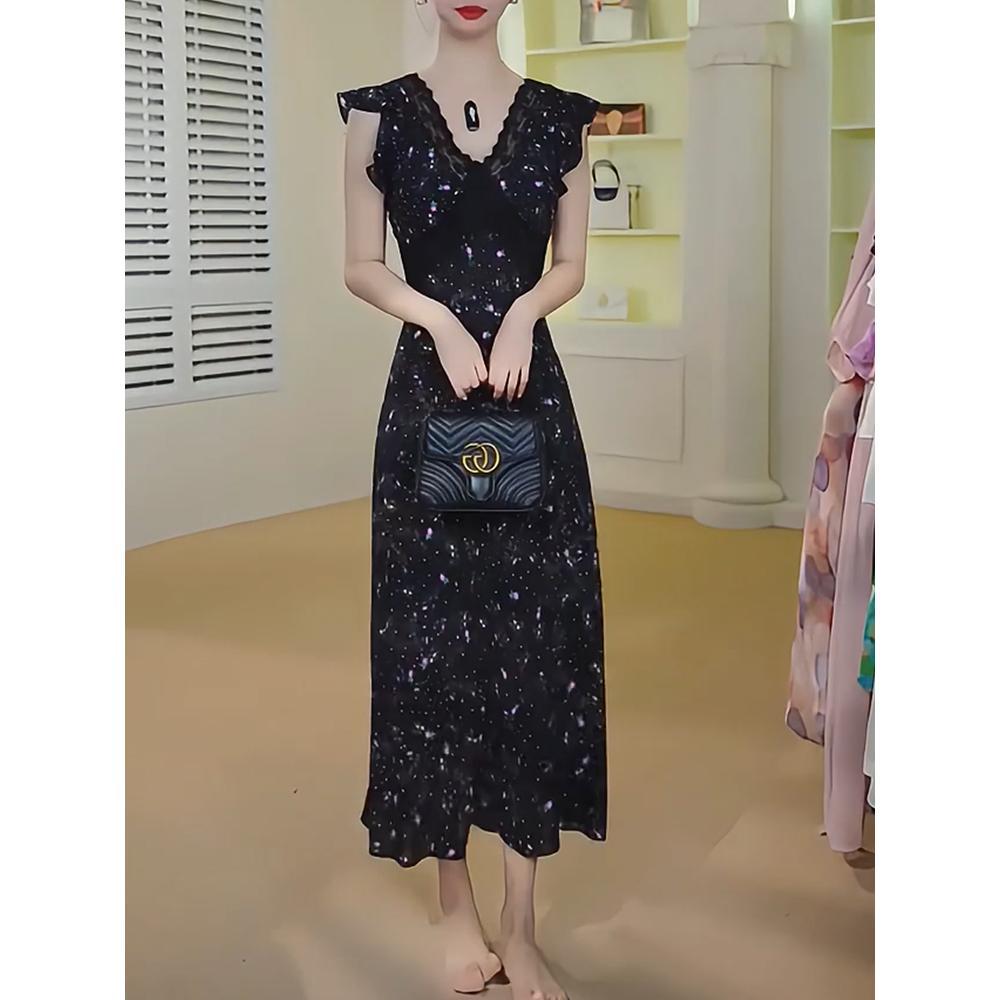 

Ретро платье без рукавов с кружевной вставкой в цветочек, женское повседневное летнее темпераментное длинное платье для девушки XL- (recommended 110-60kg)