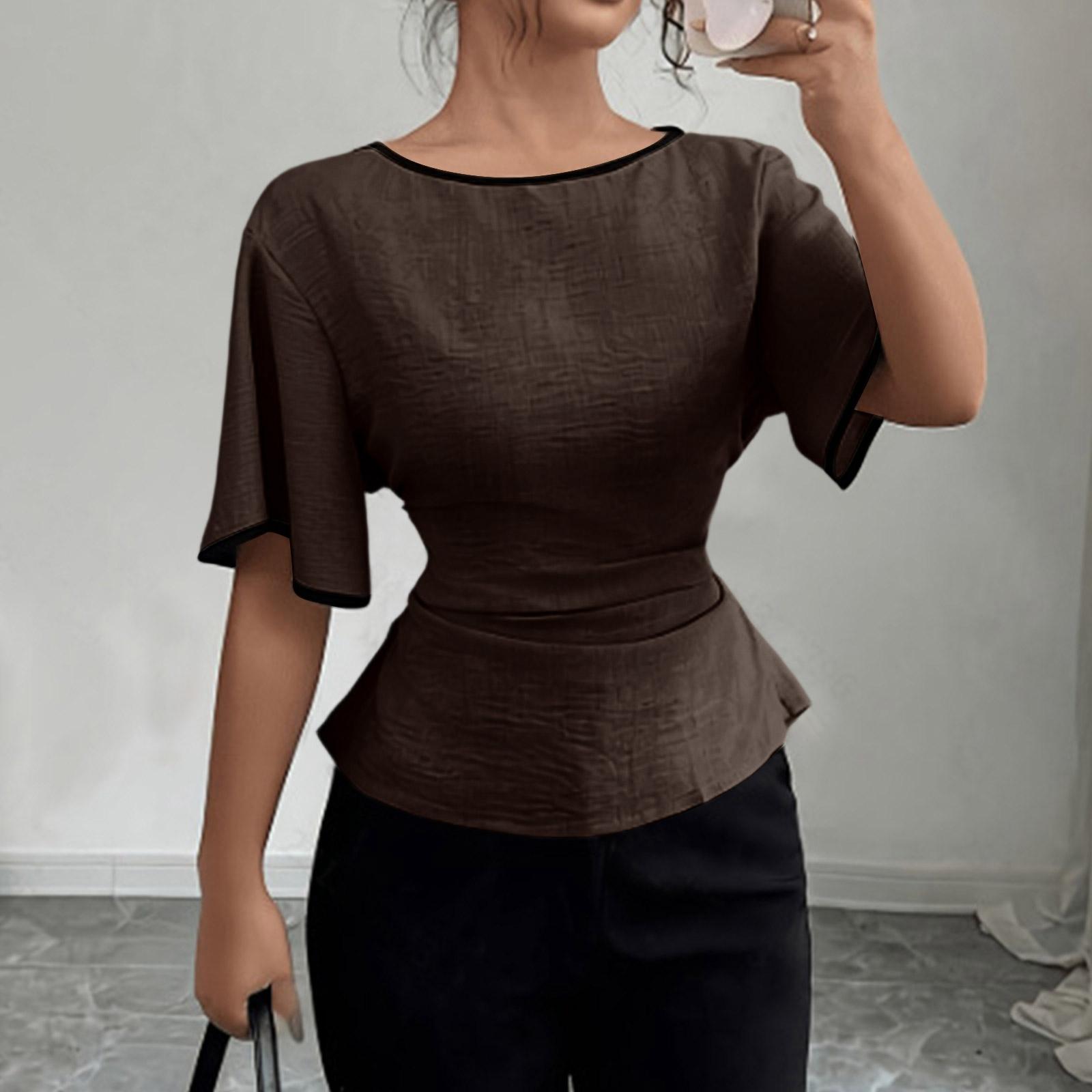 Women Off Shoulder Flared Sleeve Top Contrast Trim Breathable Blouse Shirt Casual Slim Fit Peplum Hem M