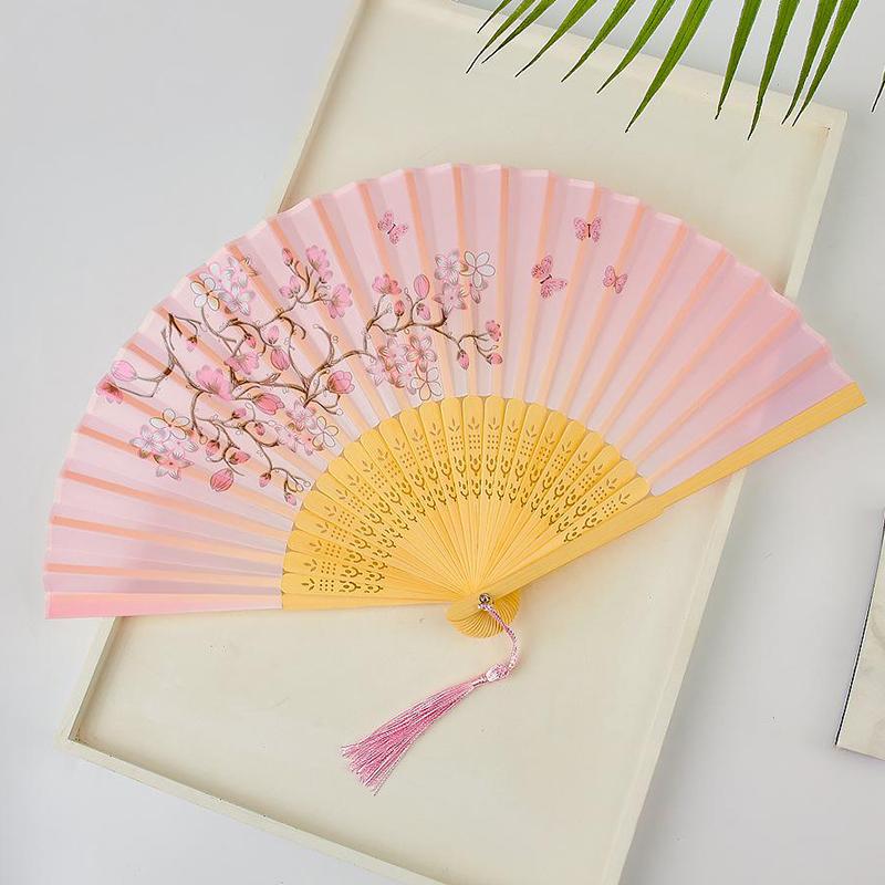 Chinese Style Bamboo Tassels Ink Wash Pattern Dance Party Show Silk Cloth Ornament Folding Fan Hanfu 9 Colors