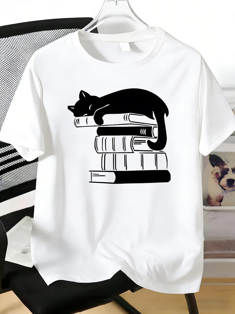 Minimalist Sleeping Cat On Stacked Books Graphic Unisexs Crew Neck Short Sleeve Soft Cotton Book Lover Male Summer Daily Casual Tee