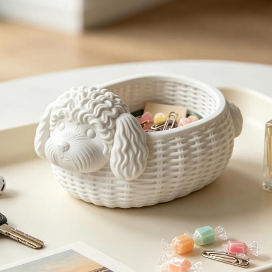 Paper Clip Storage Box Poodle Shaped Organizer, 3D Print Decorative Ornament, Plastic Novelty Desk Decoration White Container for Small Objects