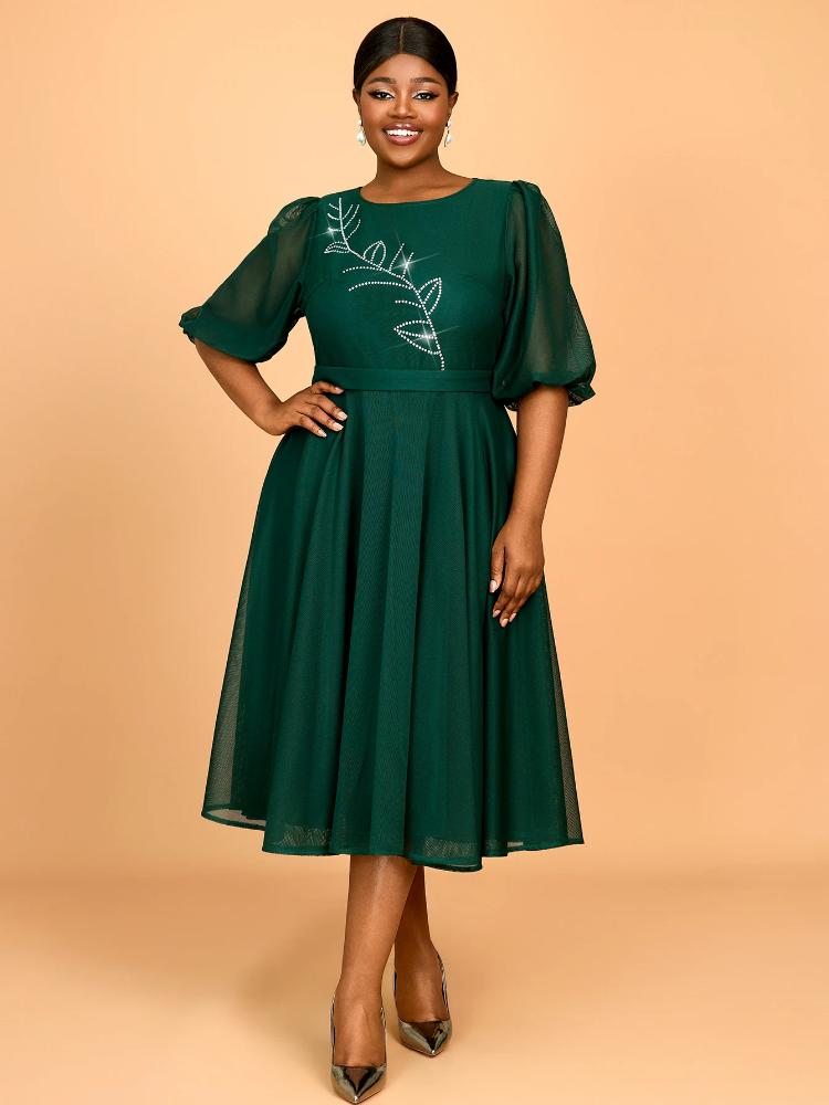 

AOMEI Plus Size A Line Dresses for Women O Neck Half Puff Sleeve High Waist Midi Casual Tulle Gown Dress 4XL темно-зеленого
