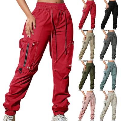 Damen einfarbige Arbeitshose, Sporthose, Funktionshose, lässige Hose mit Taschen und Kordelzug