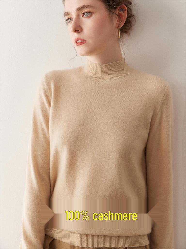 Autumn/Winter Women's Pure Cashmere Semi-High Neck Loose Knitted Sweater Pullover.