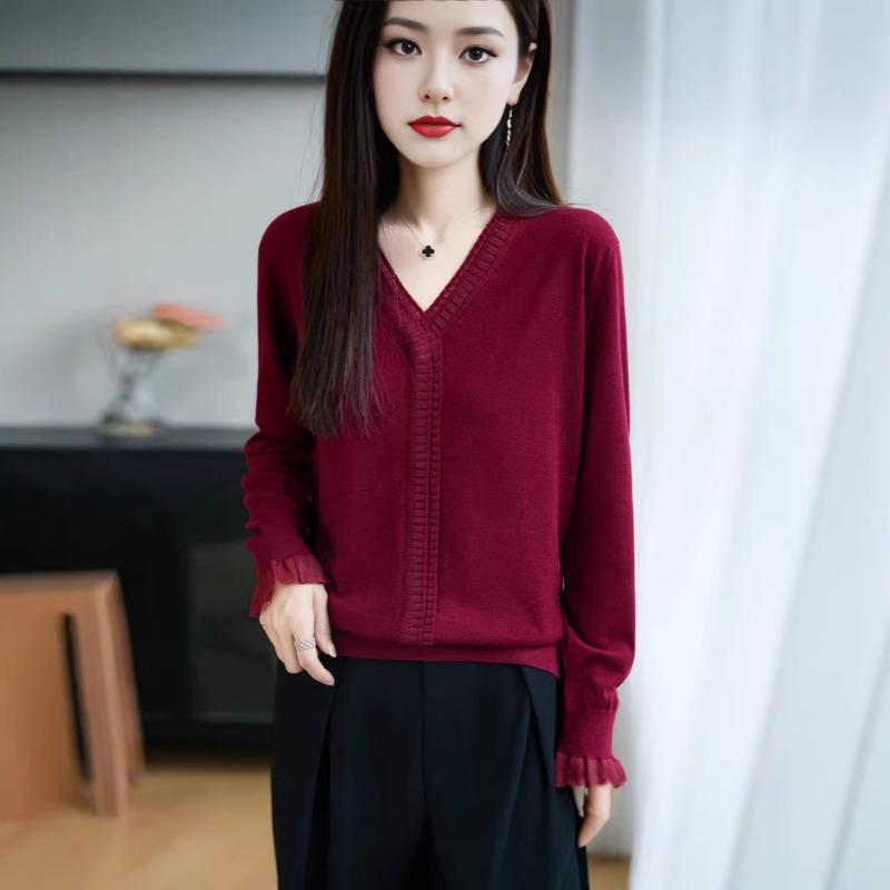 Women S V Neck Long Sleeve Lace Splicing Knit Sweater