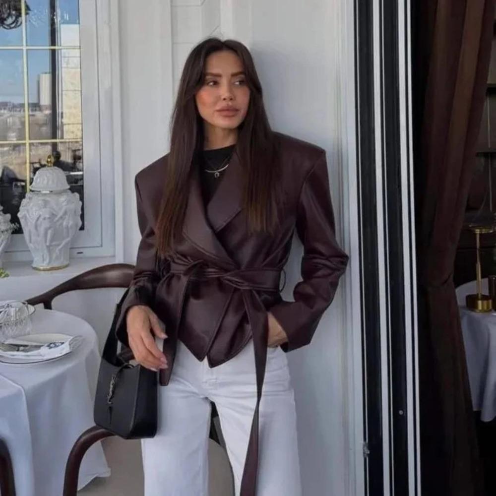 Women's Clothing Motorcycle Cool Strap Temperament Leather Jacket Women With Belt Biker Jacket Coat