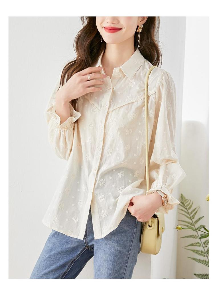 Women's Long Sleeve Pure Cotton Embroidered White Shirt - 2025 Spring Collection