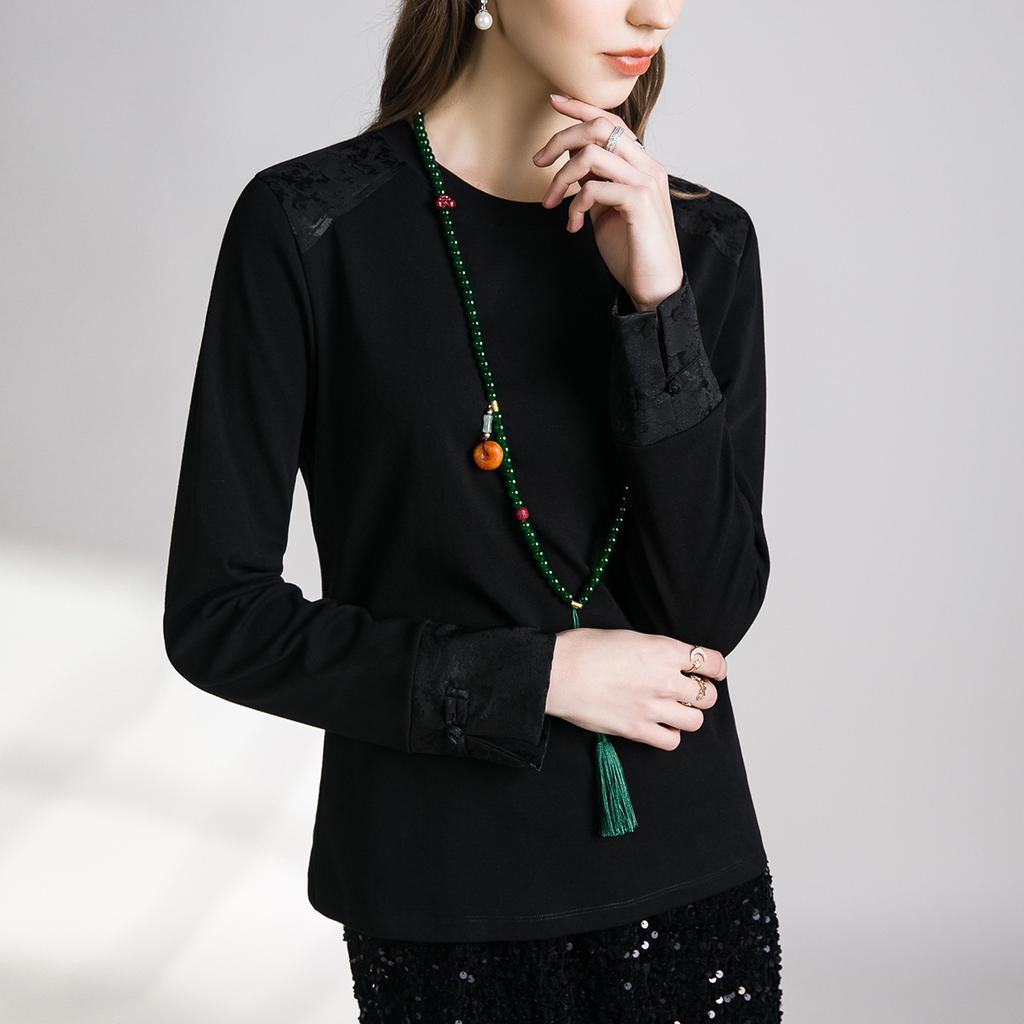 Satin jacquard splicing crew neck shirt blouse summer new thin light Chinese top women