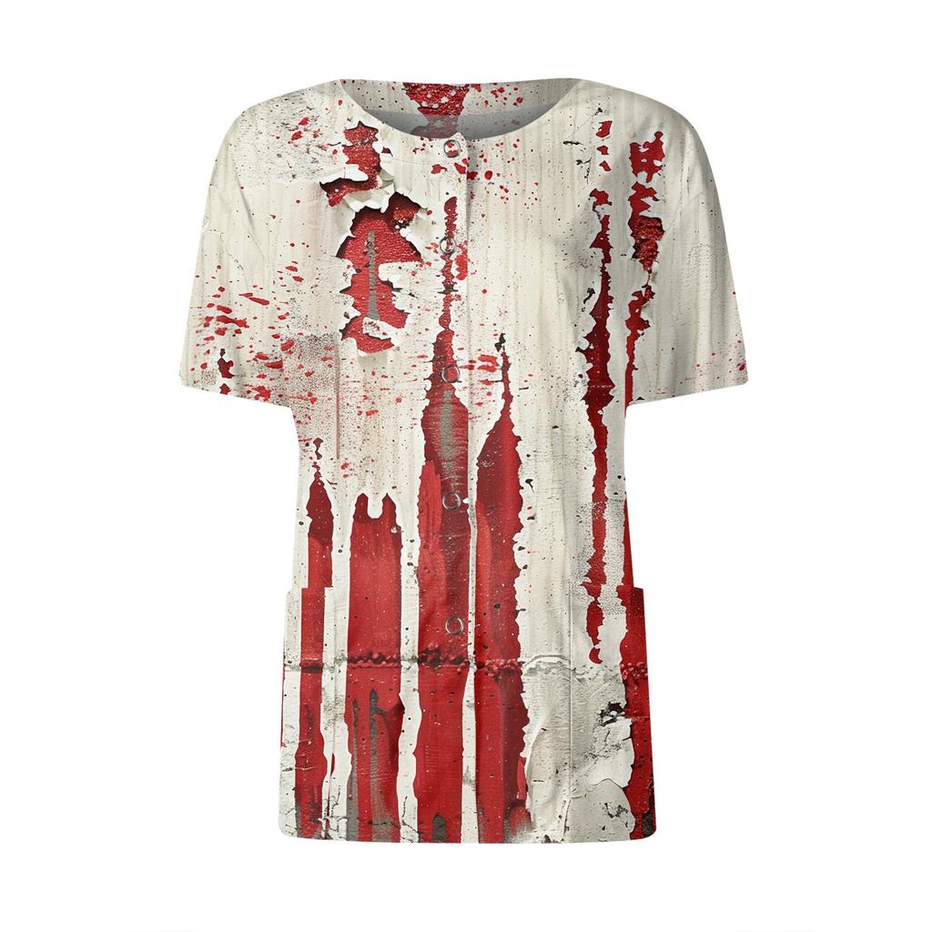 Women's Short Sleeved Patterned Pockets, Work Print Stand Up Collar, Single Breasted Protective Clothing, Cardigan Jacket, Top