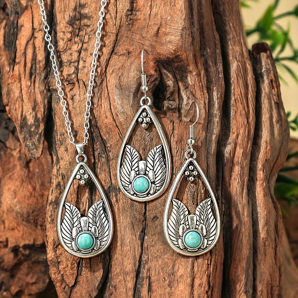 Boho Ethnic Antique Silver Zircon Set for Women Girls Geometric Earrings Pendent Necklace Birthday Gifts Daily Wear Versatile