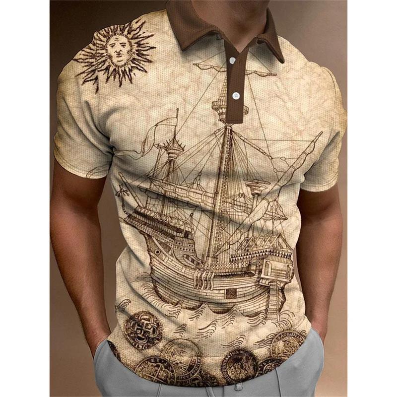 Nautical Print Short Sleeve Polo Shirt, Stylish Casual Top