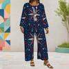 Women Plus Size Dark Navy Printed Two Piece Set Round Neck Long Sleeve Top Wide Leg Cropped Pants