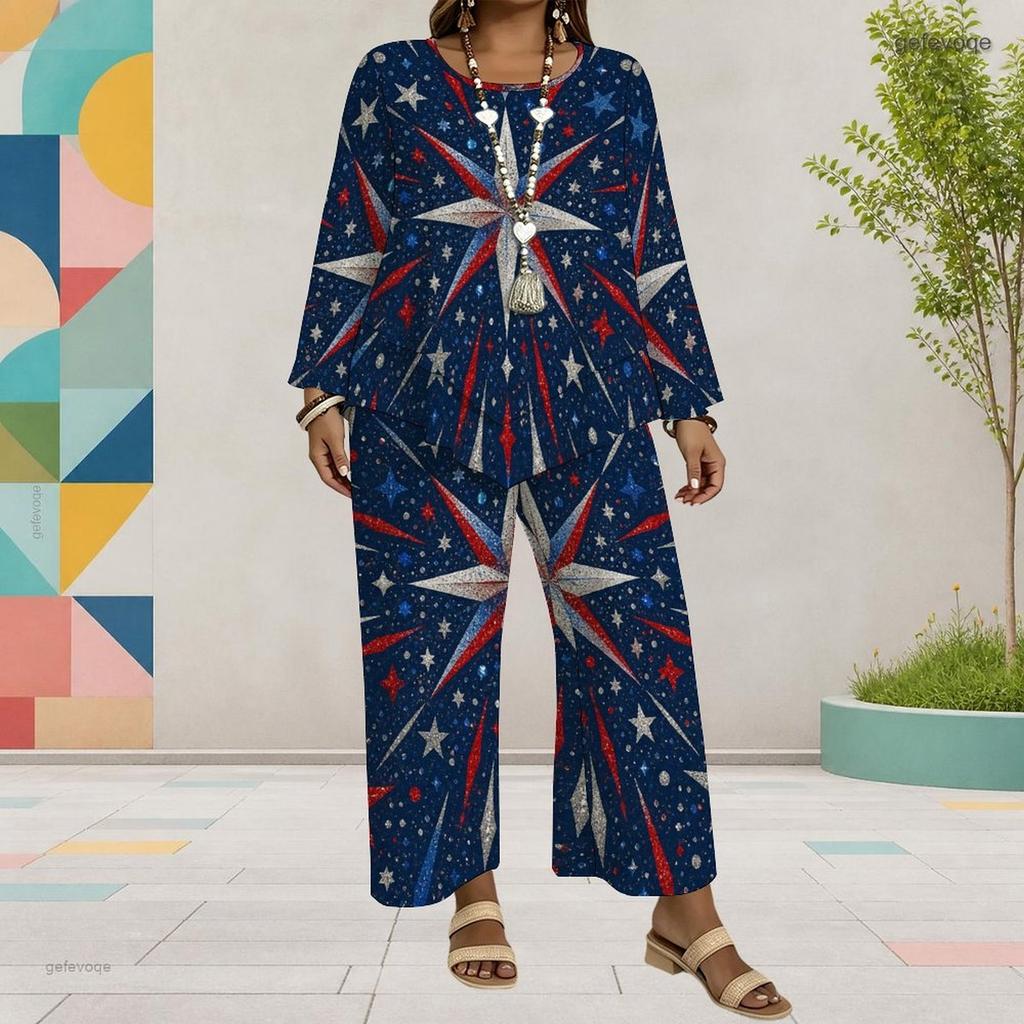 Women Plus Size Dark Navy Printed Two Piece Set Round Neck Long Sleeve Top Wide Leg Cropped Pants