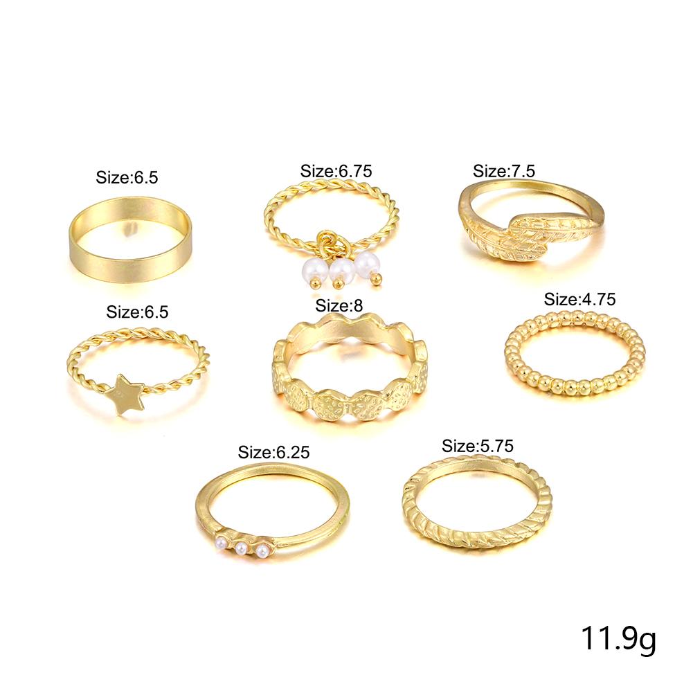 8pcs/set Gold Star Leaf Pearl Rings Personalized Fashionable Rings Set Alloy Rings Women Jewelry Accessories