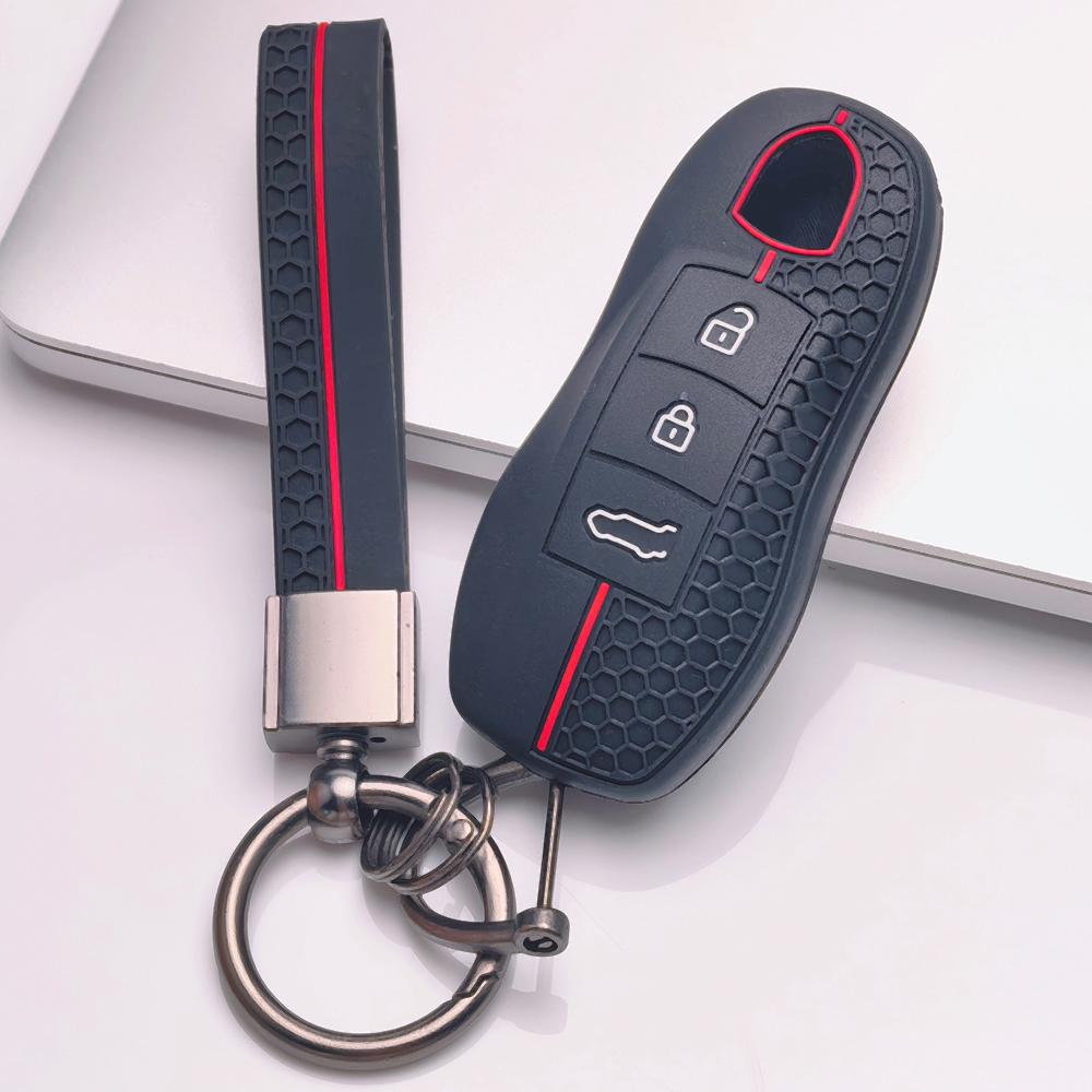 Soft Silicone Remote Key Case for Porsche Cayenne Macan Panamera 911 Boxster Cayman Taycan 718 Spyder GT3 RS with Keychain Car Remote Key Sleeve