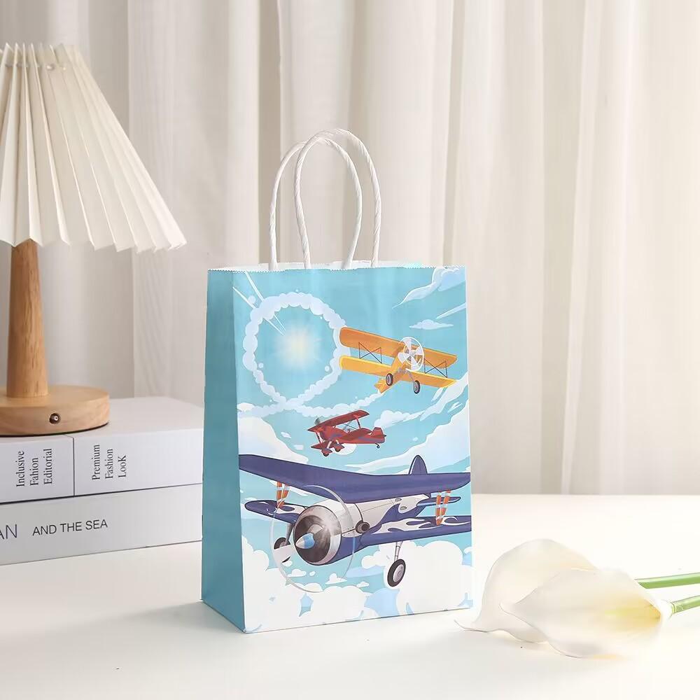 12/30pcs Airplane Party Favor Gift Bags Kraft Paper Tote Bags for Kids Birthday Gift Packaging Shopping Bags
