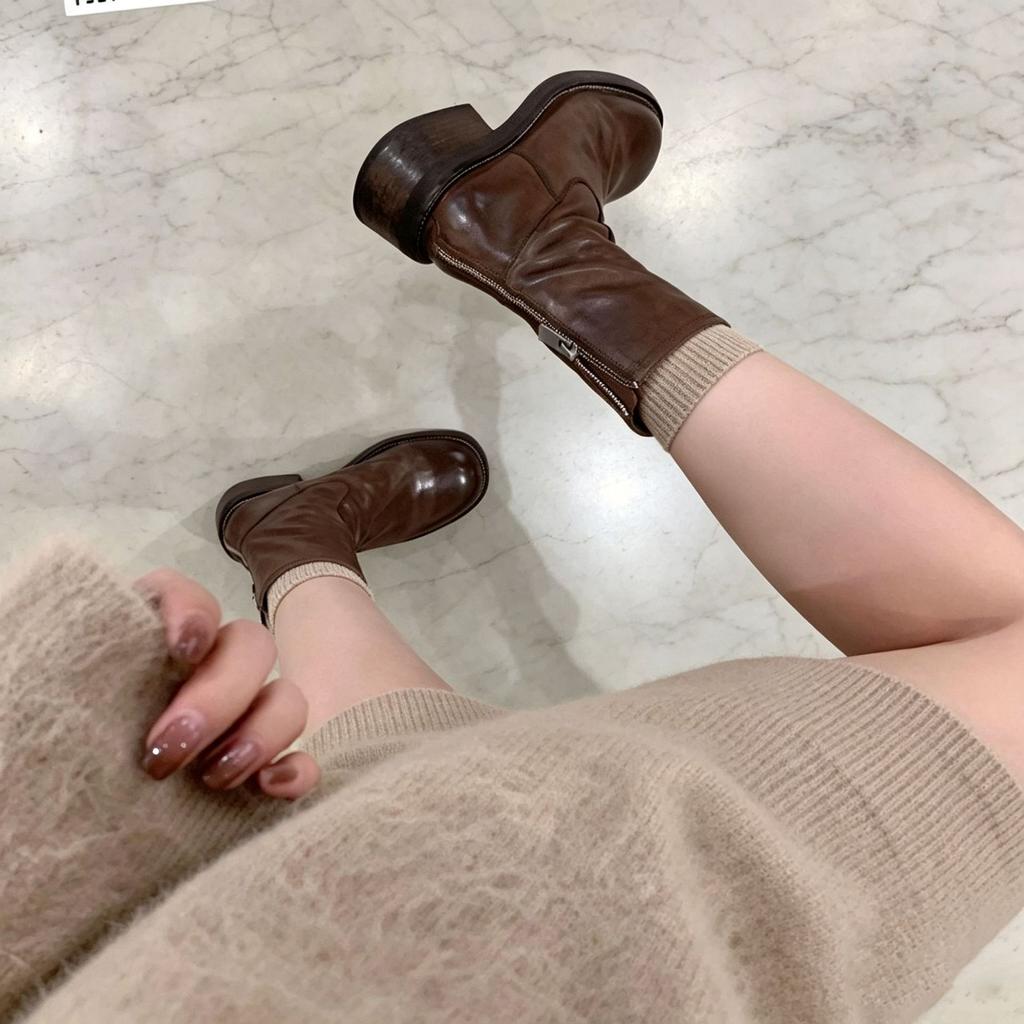 Autumn and Winter Washed Leather Thick-soled Heightening Short Boots Women's Retro Thin Boots Thick Heel Cigarette Boots Martin Boots