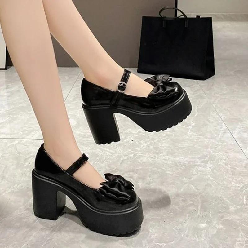 Fashion Summer and Autumn Fashion New Solid Color Bowknot Popular Thick-soled Buckle Round Toe High-heeled Shoes for Women