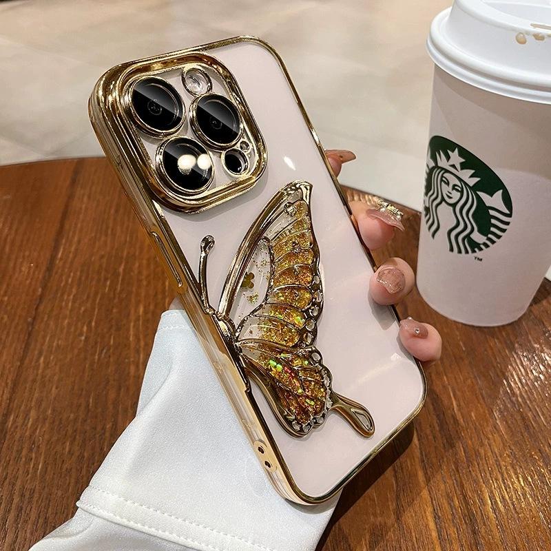 Glitter Quicksand Butterfly Is Suitable for Apple 16ProMax Mobile Phone Case 15 with Its Own Lens Film 14 Advanced Sense 13 Light Luxury