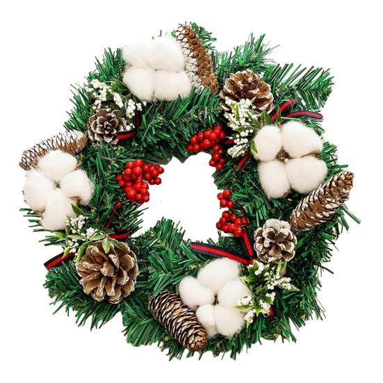 Vánoční věnec na vchodové dveře Ručně vyráběný Umělý zelený věnec s šiškami Červené bobule Baňky Ozdoby pro Vnitřní Venkovní Sváteční Dekoraci