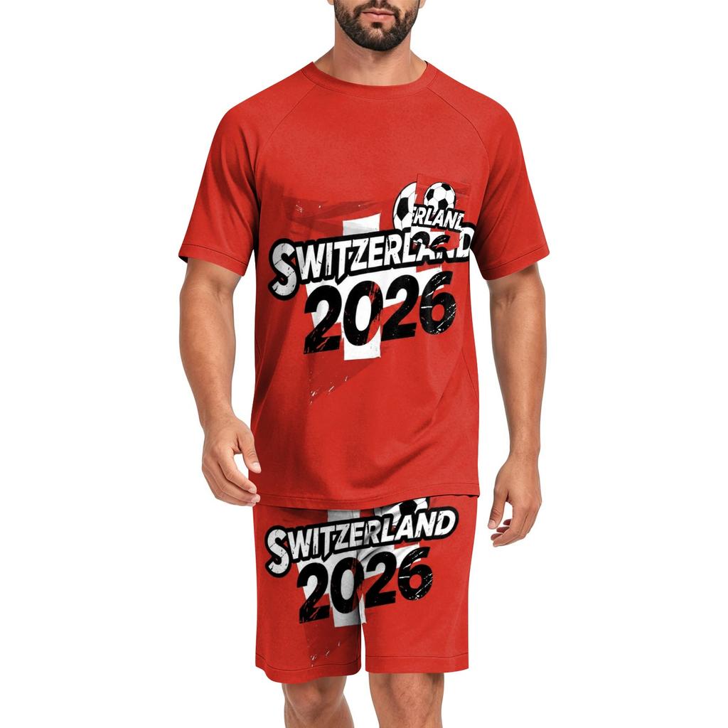 Men's Short Sleeve Top and Shorts Set Lightweight Soft Fabric Casual Sleepwear Printed Sports Style Lounge Pajama Set for Summer
