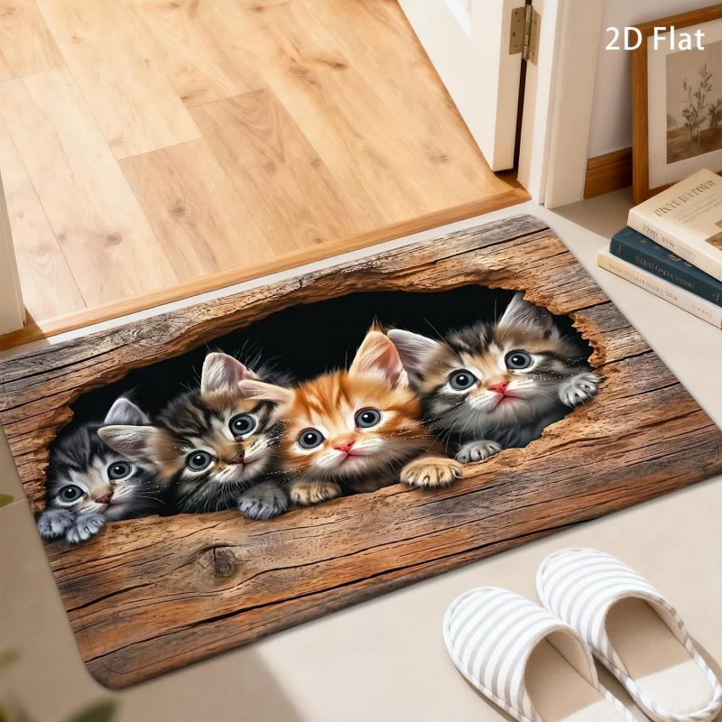 Ins Warm Cute Kitten Doormat Realistic Baby Cats Vintage Ornate Print Non Slip Farmhouse Front Door Decor Rug