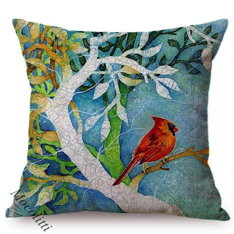 Spring Colorful Home Decoration Cushion Cover Cardinal Bird Style Water Color Art Cotton Linen Square Sofa Throw Pillow Case