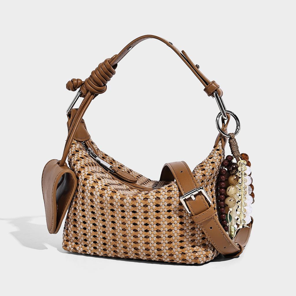 Bohemian Woven Bucket Bag for Women Luxury Designer Beaded Charms Hollow Out Underarm Shoulder Bag