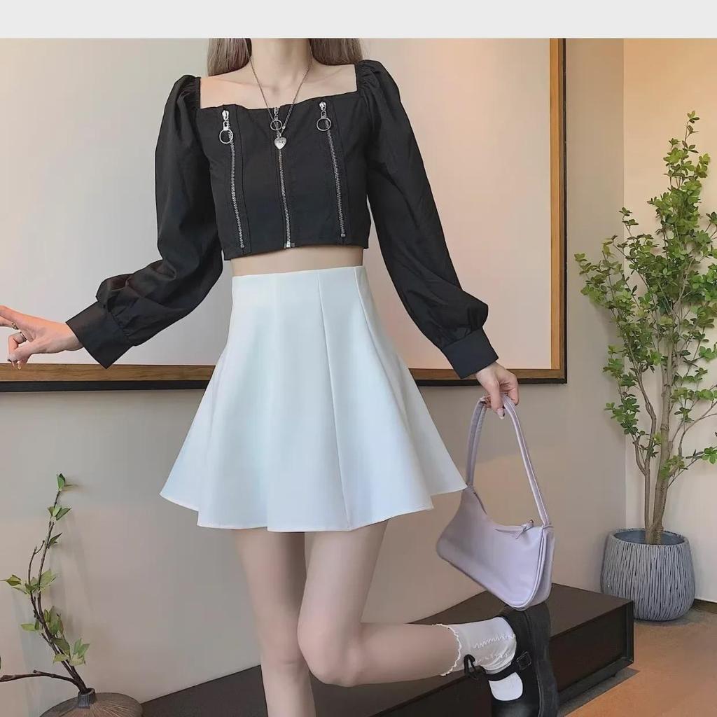 Women's Black High-Waist Fluffy A-Line Skirt - Spring 2024 Fashion