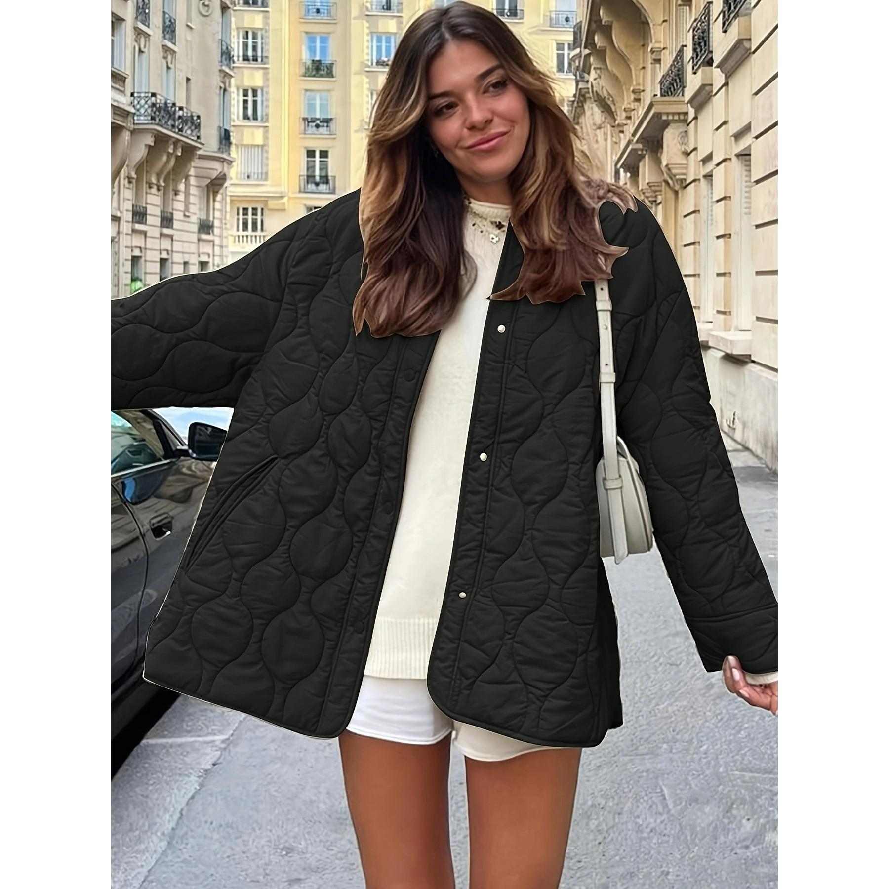 

Autumn and Winter Style Quilted Thread Decoration Simple Solid Color Round Neck Loose Cotton Coat XS