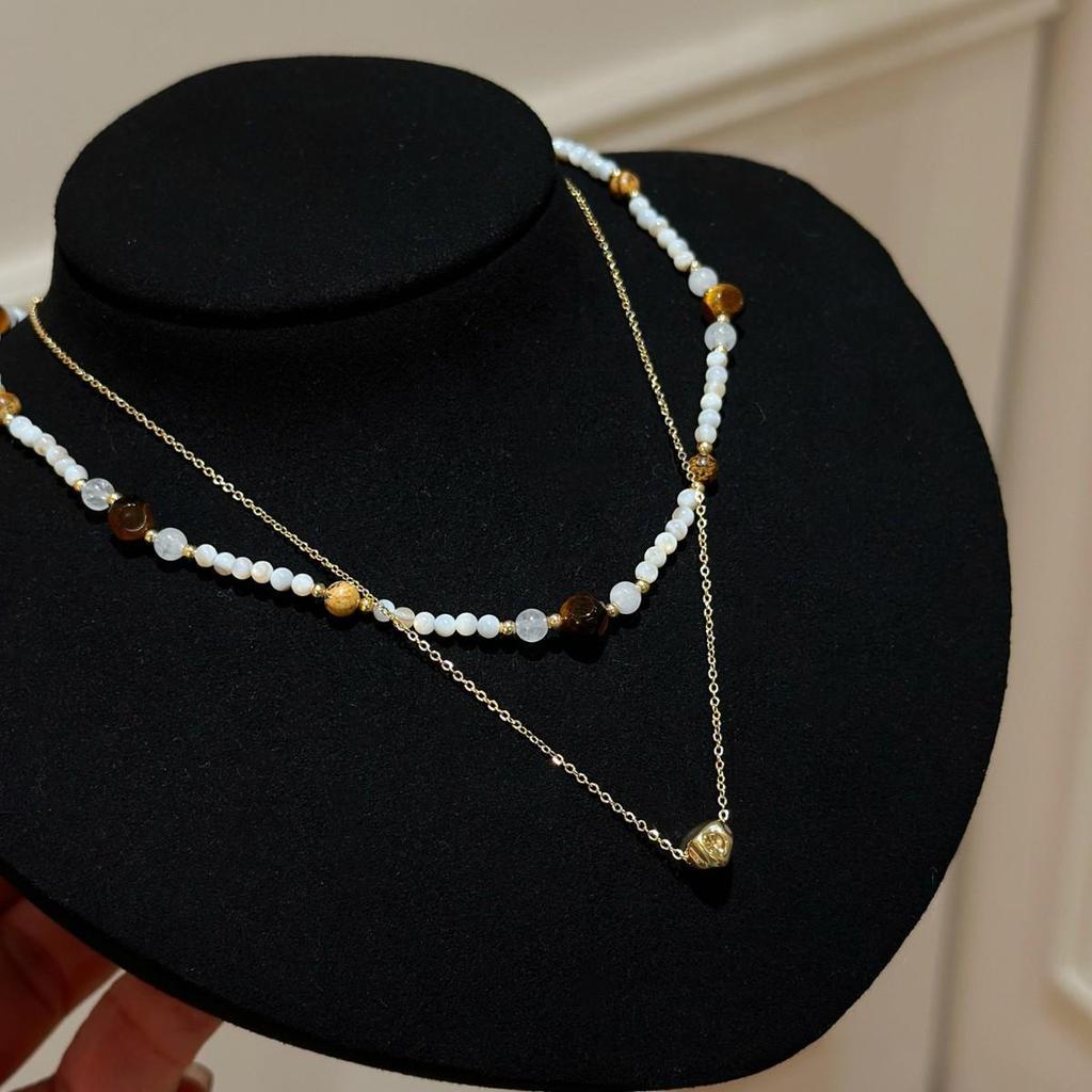 Tiger Eye French Shell Double Layer Necklace - Elegant & Versatile for Sweaters