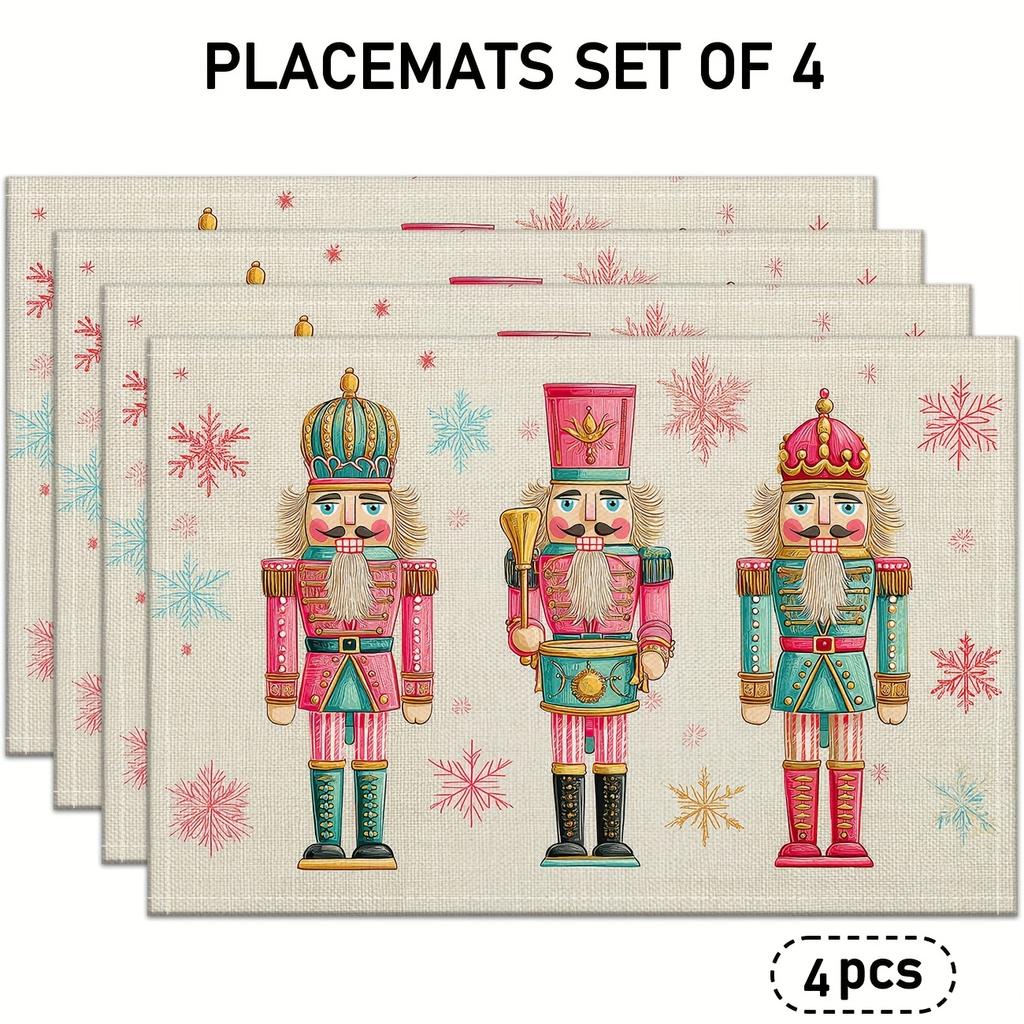 4pcs or 6pcs Nutcracker Placemats Suitable for Christmas Table Decor - Pink Golden Blue Snowflake Linen Table Mats, Hand Wash Only Elegant Rectangular