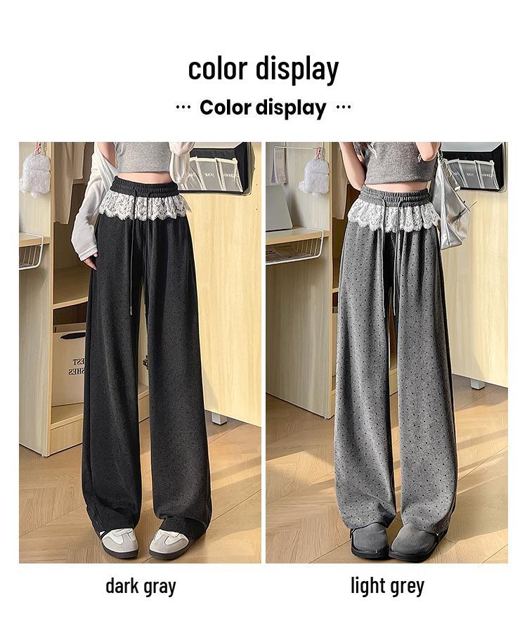 Gray Lace Polka Dot Scimitar Pants: Women's High Waist Drawstring Loose Wide Leg Sports Pants for Spring