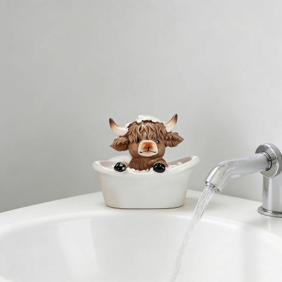 3Pcs Bathroom Highland Cow Figurine Bathing Reading Book Toilet Paper Highland Cattle