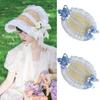 Ruffle Lace Beach Hat Ribbon Bow Flat Top Hat  for Elegant Tea Party Princess Beach Outdoor Travel