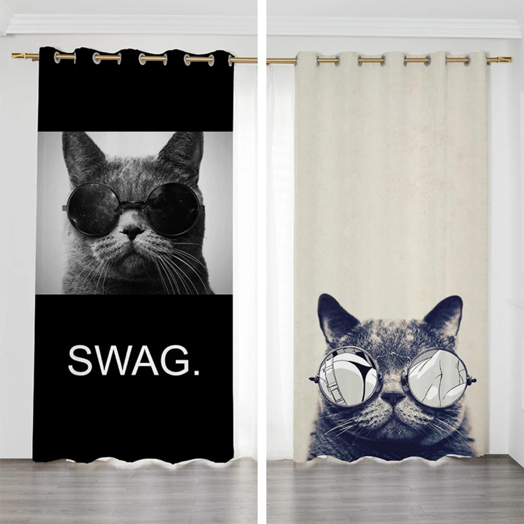 Nordisch Minimalistisch Niedliche Katze Hohe Verdunkelung Vorhang Paar Schlafzimmer Persönlichkeit Kreativ Verdunkelungsvorhang Ösenaufhängung Hakeninstallation