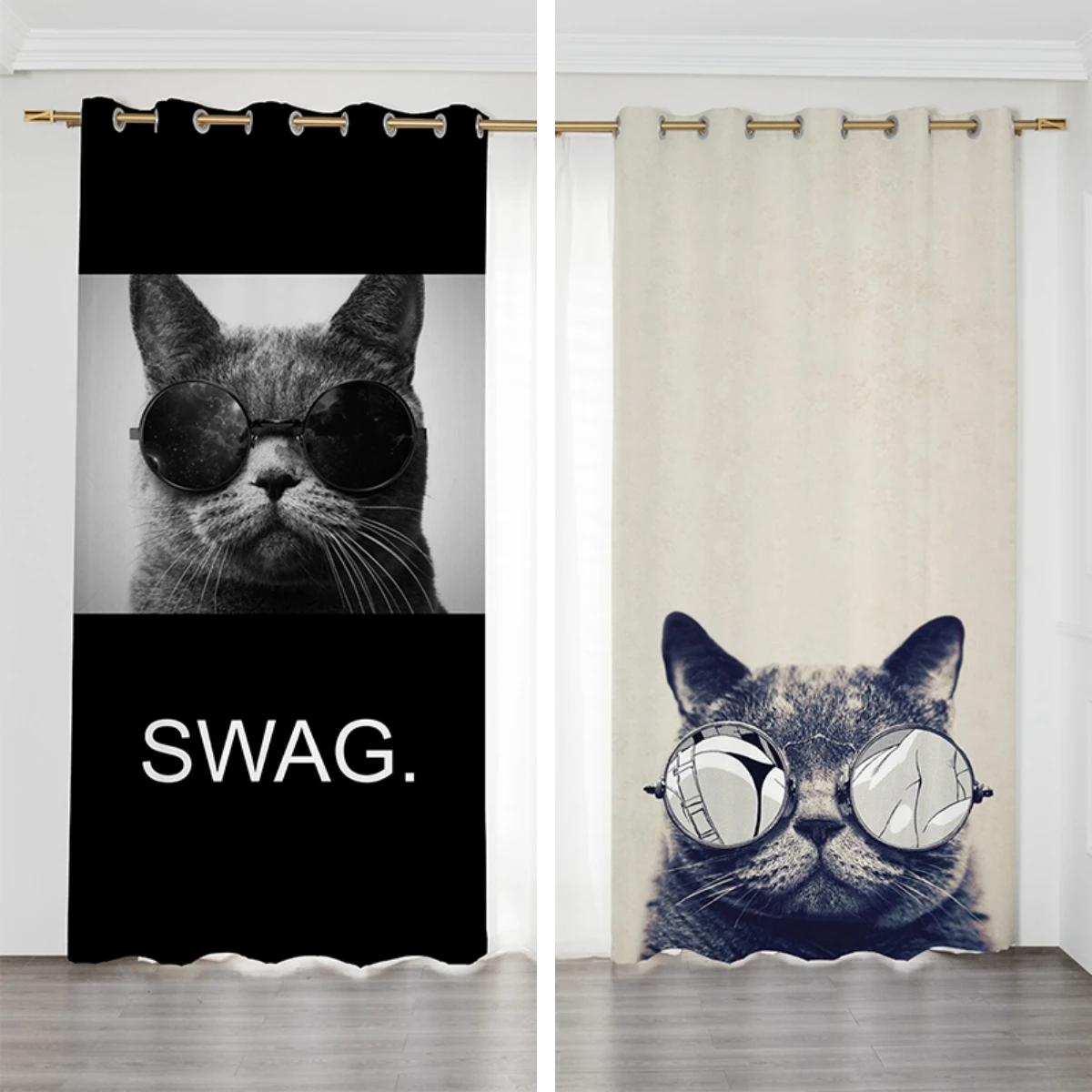 

Скандинавский минималистский милый кот высокая затемняющая занавеска для спальни для пары личность креативная затемняющая драпировка с люверсами верхний крючок установка W55 X H120cm X 2&Grommet Top