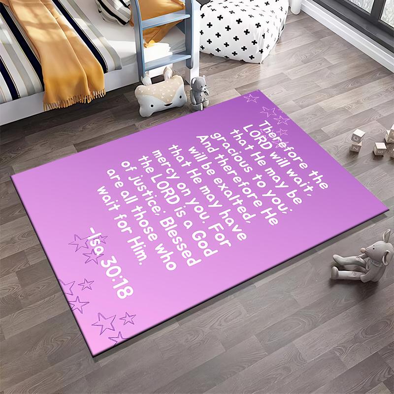 Inspirational Purple Rug with Bible Verse Non-slip rug suitable for living room and bedroom sofas.