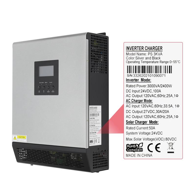 PowMr 24V 2.4KW Hybrid Solar Inverter 110V Pure Sun Wave Inverter Max PV 80V Bulitin 50A PWM Charge Controller for Solar Home
