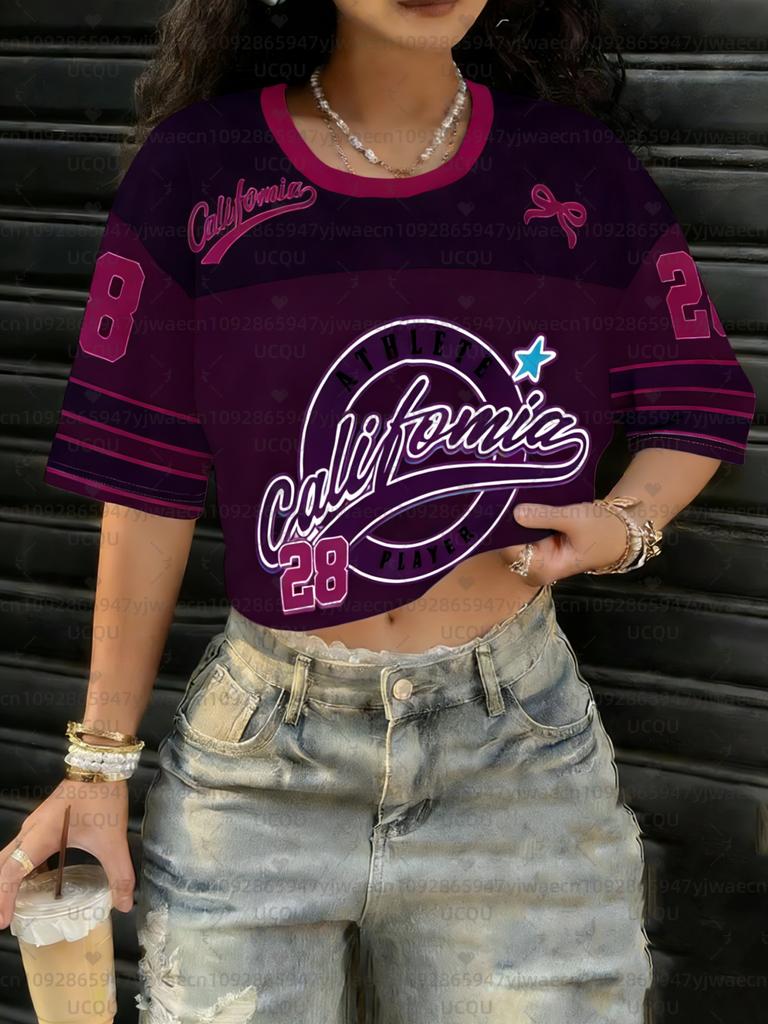 Women's sports jersey, printed short-sleeved T-shirt, summer graphic top, soccer jersey, sports T-shirt.