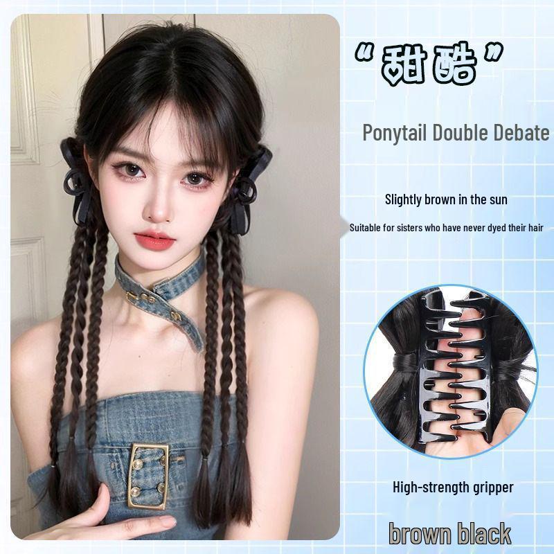 New Chinese Style Double Fishtail Braid Claw Clip Wig with Bow Hair Accessory