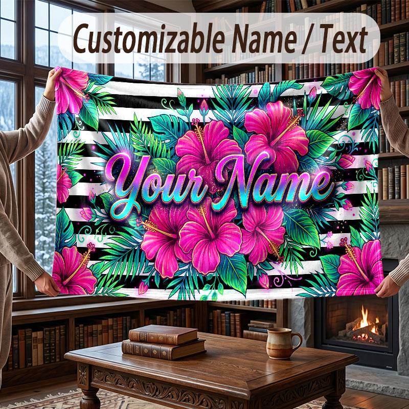Floral Garden Theme Throw Blanket Custom Name Text Personalized Blanket Soft Cozy Blanket for Home Sofa Bed