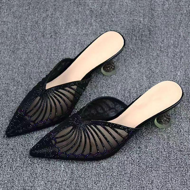 

Baotou half slippers women s summer spot new mesh rhinestone pointed heel Internet celebrity high heel fashion sandals 40 чёрный