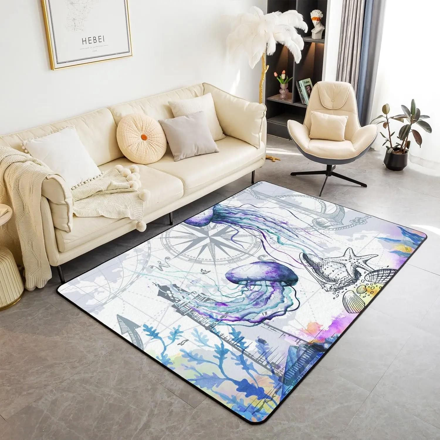 

Jellyfish Marine Life Area Rug Dreamy Ocean Animal Non Slip Carpet for Kids Adults Fantasy Moon Clouds Starry Sky Decorative Rug 40x60cm 16x24 inch