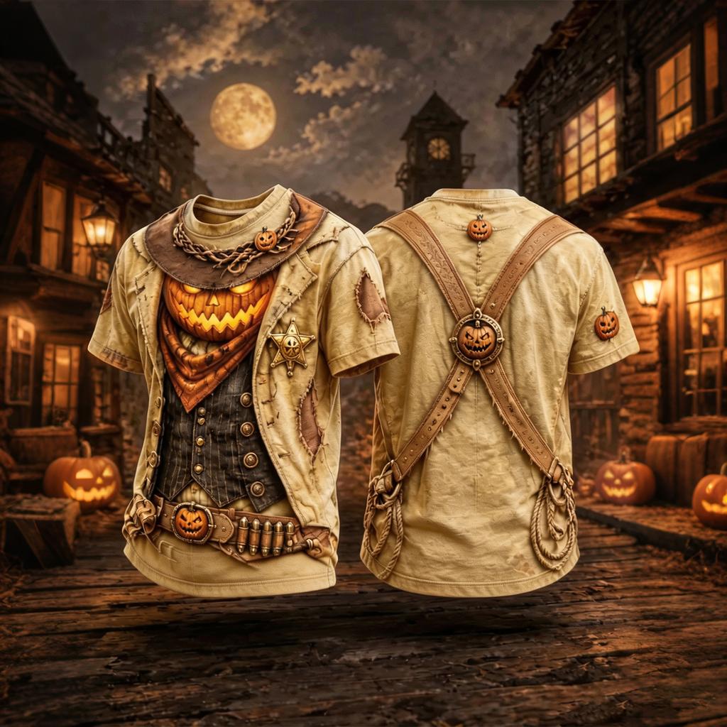Halloween Pumpkin Sheriff Graphic T-Shirt for Western Theme, Short Sleeve